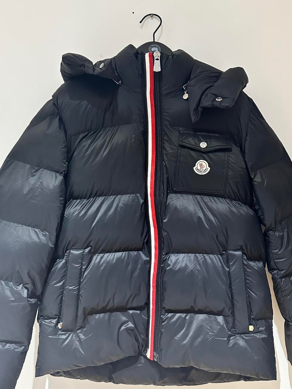 Moncler Black Puffer Jacket with Tricolor Zip Detail